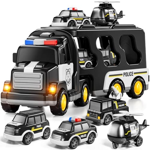 JUKUDAHU Police Truck Toy for 3 4 5 6 Years Old Boys Carrier Vehicle Toy Set with 3 Small Cars and 1 Helicopter Kids Firction Powered Car for Age 39 Gifts for Boys and Girls