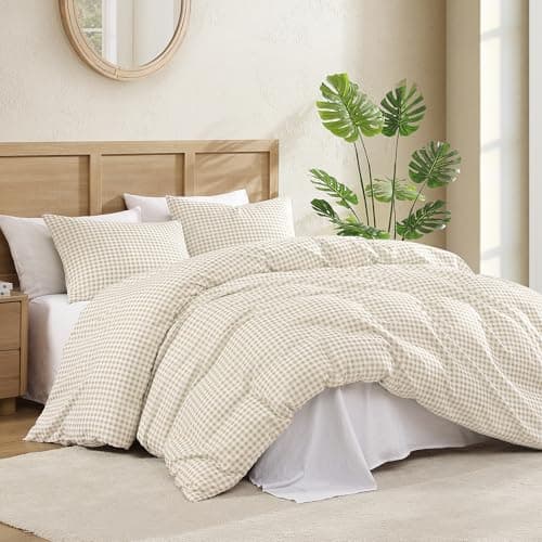 Andency Gingham Duvet Cover Queen Size, Cream Beige Checkered Plaid Bedding Set, 3 Pieces Soft Prewashed Polyester Comforter Cover with Zipper Closure & Corner Ties