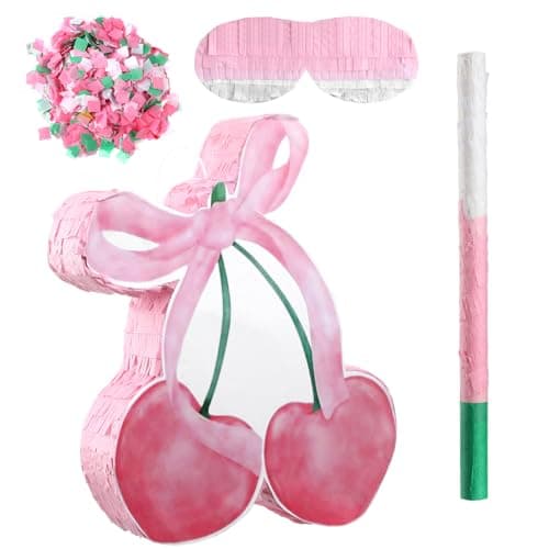 Glimin Pink Bow Piata with Stick Blindfold and Confetti Cherry Theme Birthday Party Baby Shower Nursery Decorations Gifts