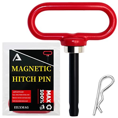 EilxMag Magnetic Hitch Pin Lawn Mower Trailer Hitch Pins 12 Inch Strong Heavy Duty Magnet Trailer Gate Pin for Mowers Lawn Tractors Towing Cargo ATV Simple One Handed Hook On OffRed