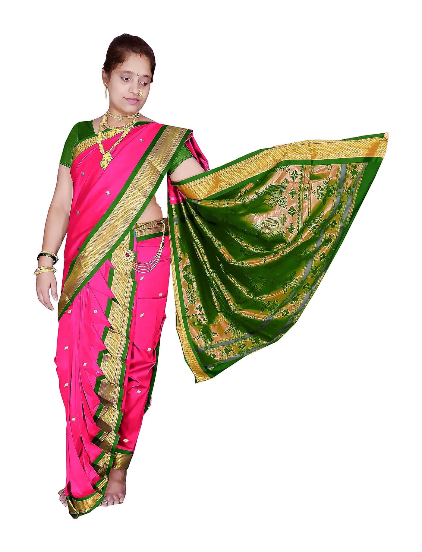 Spewim Women Soft Polysilk Saree | Regular Nauvari Paithani Saree with Blouse Piece | Suitable for Nauwari, Madisar, and South Indian Draping Styles | Stitch or Drape in Multiple Ways_5_ Pink_Green
