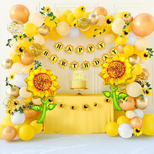 TUPARKA Sunflower Birthday Party Decorations Kit Sunflower Banner Yellow Balloon Arch Sunflower Vine Sunflower Heads Table Covers Cake Toppers 146 Pack Sunflower Party Supplies for Baby Shower Dcor