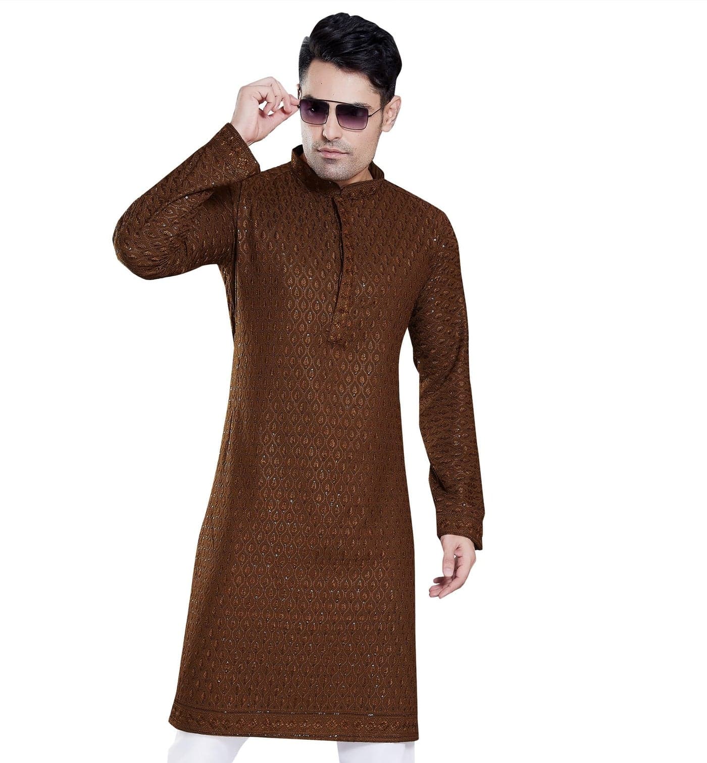 DIVISIVE Men's Sequince Embroidered Cotton Blend Only Slim Fit Kurta (DKRT112_S_Coffee Gold)