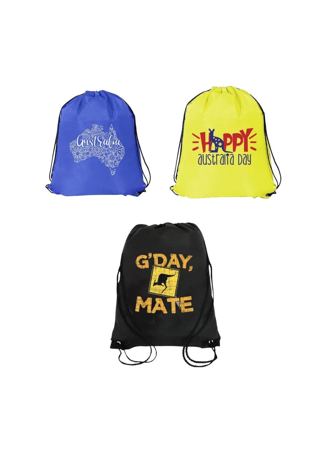 Pack Of 3 Australia Drawstring Bags - Happy Australia Day, G'Day Mate, Durable Lightweight Sports Backpack For Kids And Adults