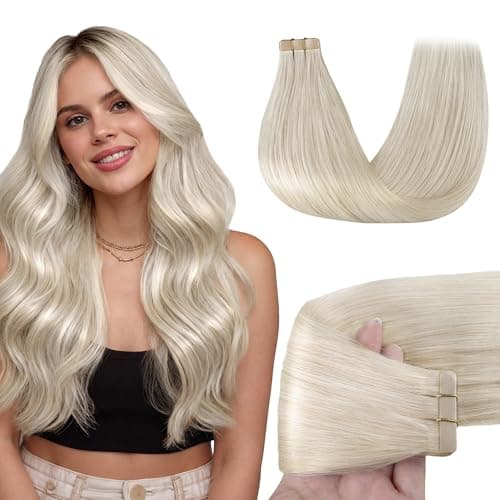 GOO GOO Tape in Hair Extensions Human Hair, 60A Platinum Blonde, 14inch 50g 20pcs, Skin Weft Seamless Invisible, Silky Straight with Thick Ends, Remy Human Hair