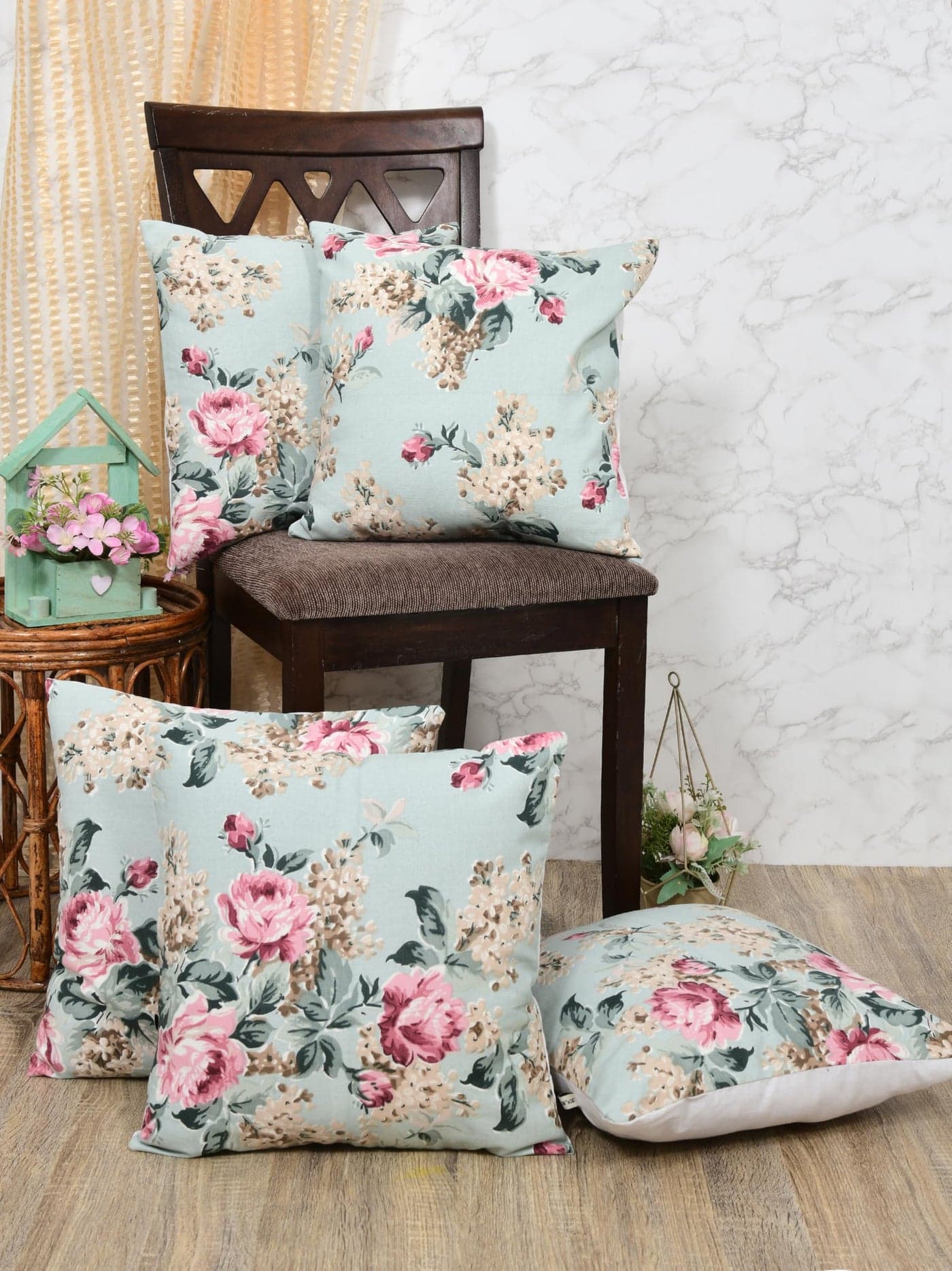 Clasiko Premium Duck Cotton Decorative Throw Cushion Covers for Sofa Living Room ; Set of 5; 16x16 Inches; Floral Embrace