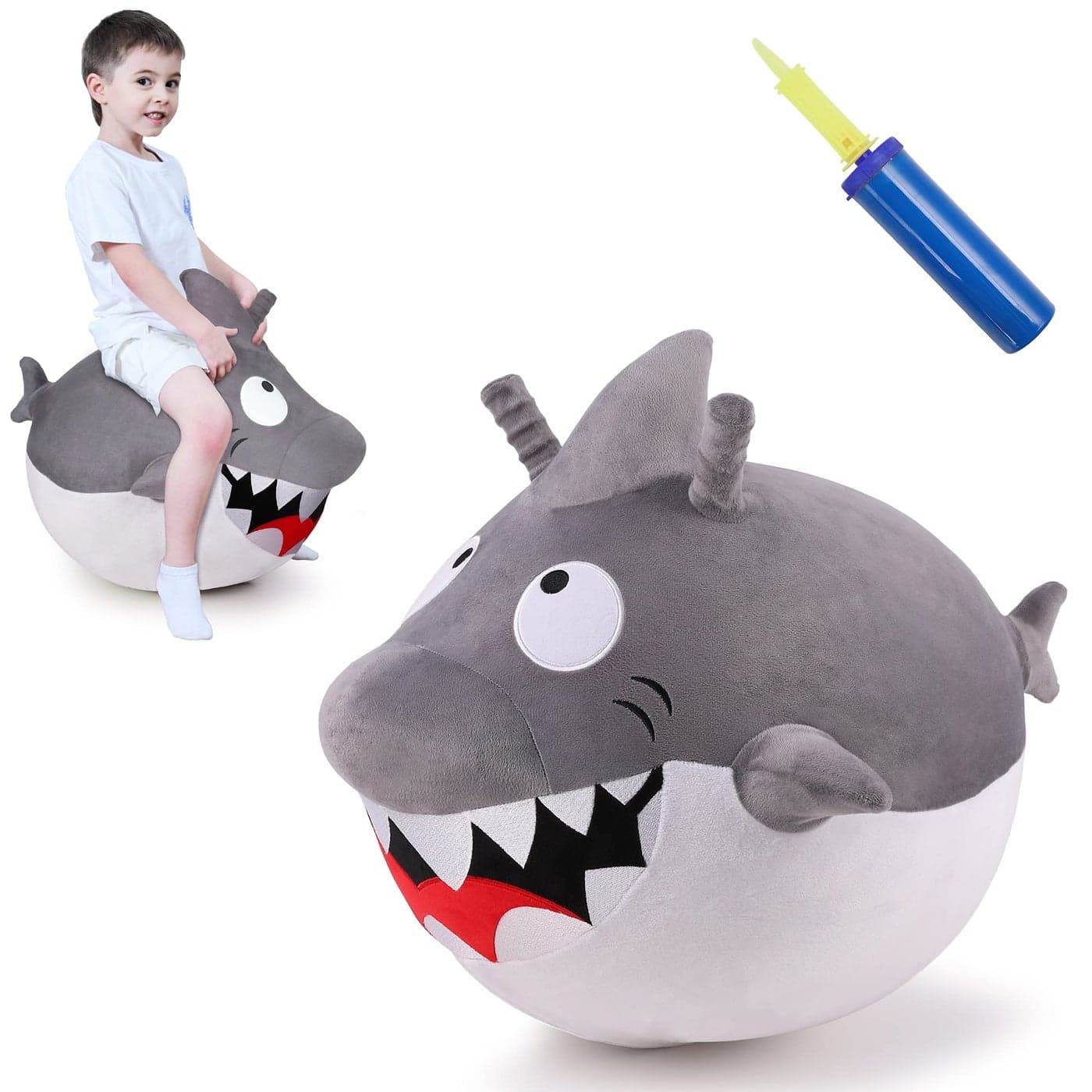 iPlay iLearn Bouncy Pals Kids White Shark Hopper Ball Toddler Ride on Bounce Toy Outdoor Indoor Inflatable Jumping Animal WHandle Bouncing Hop Jumper Birthday Gift for 2 3 4 5 Year Old Boy Girl