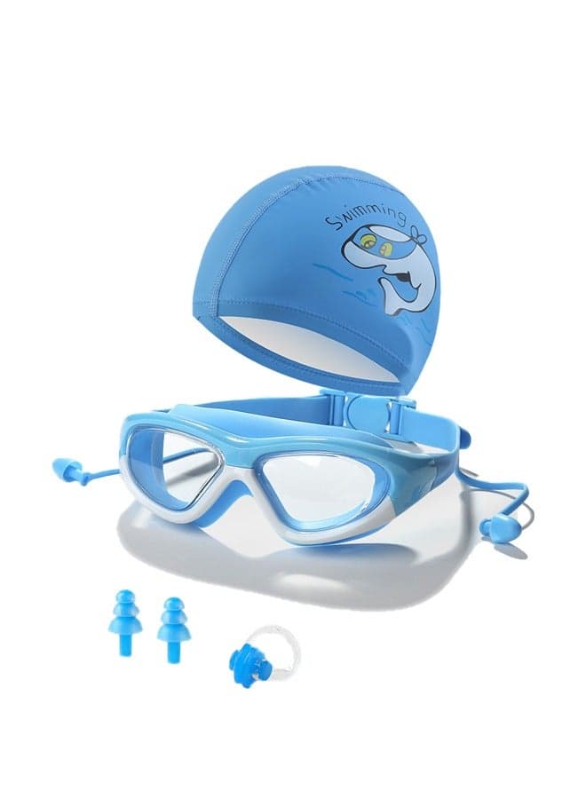 4-Piece Set of Children's Swimming Caps with Goggles and Nose Clip Earplugs, Suitable for both Girls and Boys, Silicone Waterproof Swimming and Swimming Caps