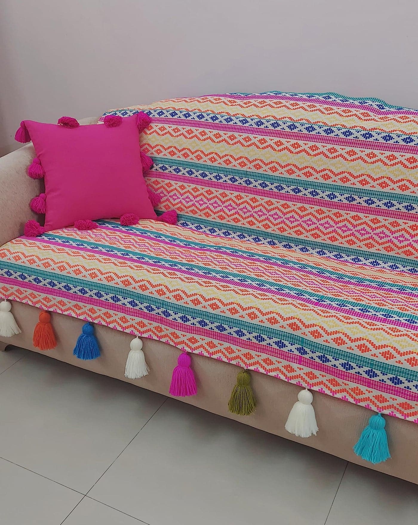 Rainbow Aztech Tassel Sofa Cover:Sofa Protector:Heavy Weight Performance Fabric, AntiSlip, Scratch Resistant:Seat & Front Back Protection -Set of 3 Seat Covers- 6 Seater Sofa Cover Set (3+2+1 Seater)