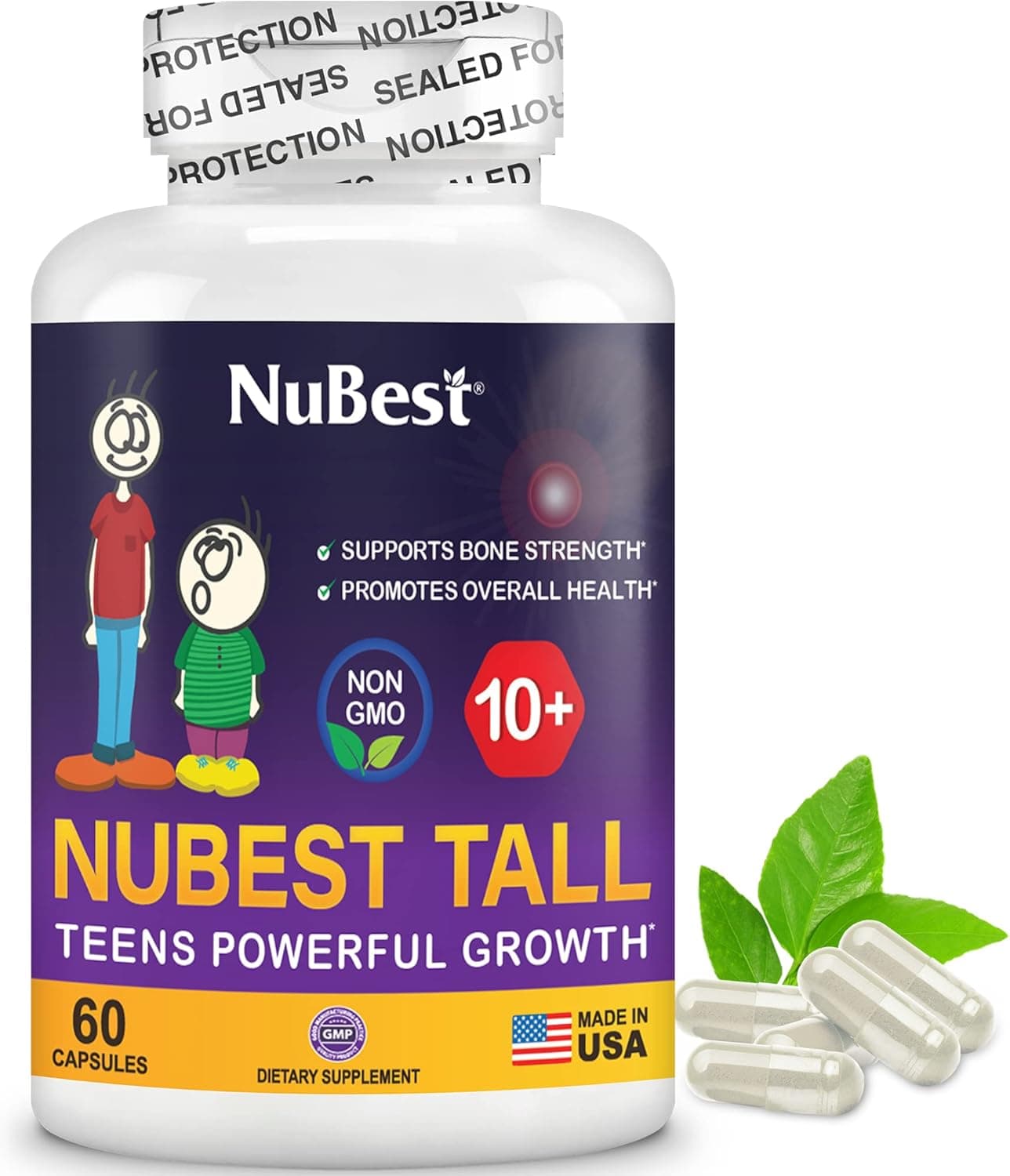 NuBest Tall 10 Premium Bone Strength Formula Enhanced Immunity and Overall Health for Age 10 with Calcium Vitamin D3 Vitamin K2 and Multivitamins 60 Capsules 1 Month Supply