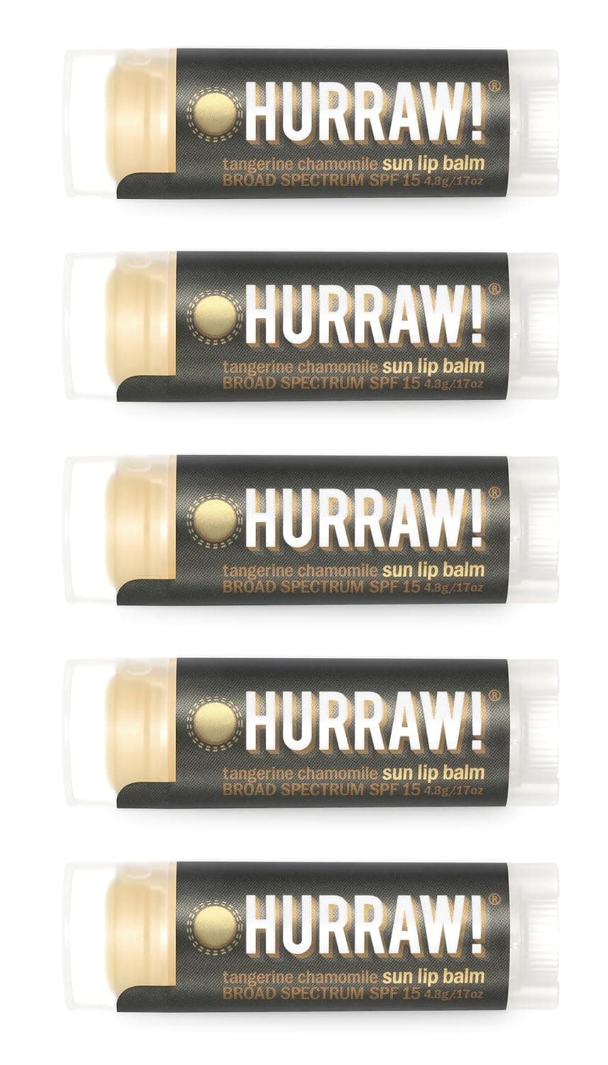 Hurraw! Sun Lip Balm (Zinc Oxide Protection, Broad Spectrum SPF 15, Tangerine, Chamomile), 5 Pack: Organic, Certified Vegan, Gluten Free. Non-GMO, All-Natural. Bee, Shea, Soy & Palm Free. Made in USA
