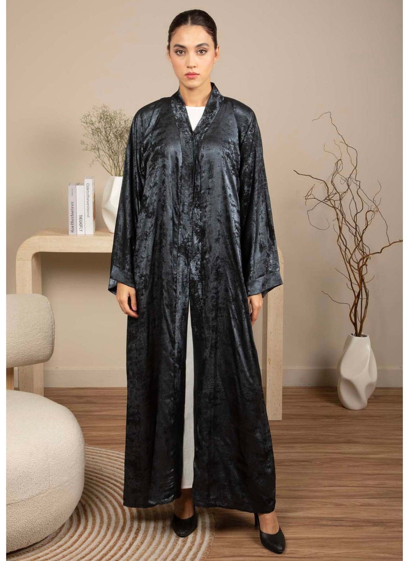 Front Open Navy Blue and Black Silk Abaya