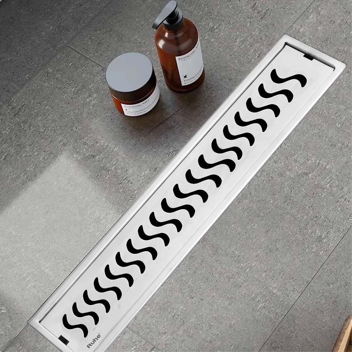 Ruhe Wave Shower Drain Channel 12 3 Inches 304 Stainless Steel Shower Water Drain Channel Floor Drain with Cockroach Trap Side Hole
