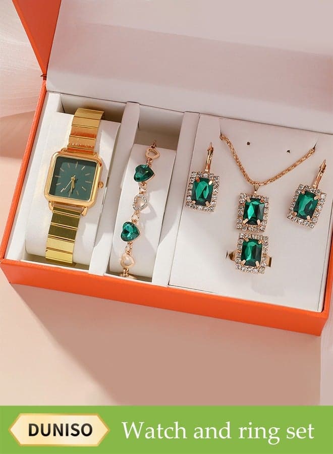 5 Piece Set, Women's Watch Set With Diamond Decoration Bracelet, Necklace, Ring, Earrings, Green Jade Quartz Watch, Luxury Fashion Jewelry