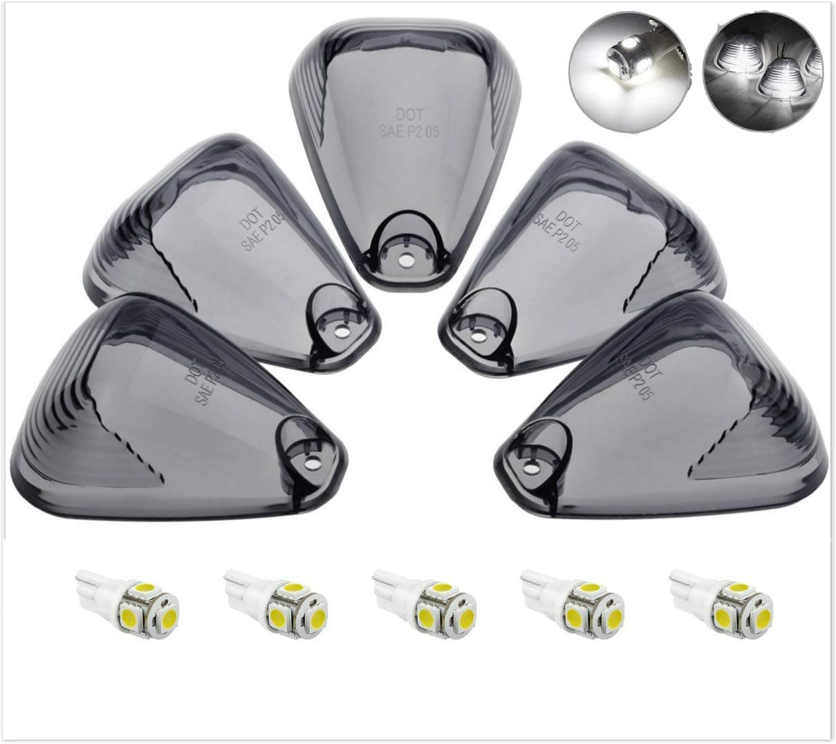 5pcs Smoked Roof Running Light Cab Marker Smoke Cover Lens + 5x T10 6-3020-SMD White LED Bulb for 1999-2016 Ford F150 F250 F350 F450 F550 E150 E250 E350 E450 E550