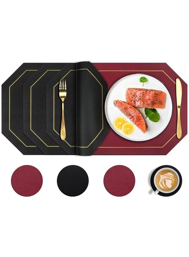 4 Piece Set of Octagonal Table Placemats,Including 4 Placemats and 4 Coasters, Dual Sided Table Placemats Non-Slip Placemats Wipe Clean Stain Resistant Placemats,43x30cm,Black&Red