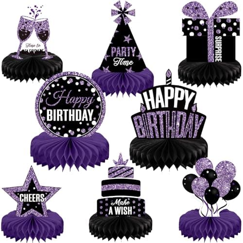 Pajean 8 Pieces Purple and Black Birthday Party Honeycomb Centerpieces Purple Black Table Centerpieces Decorations Table Centerpiece Sign for Kids Adults Party Supplies