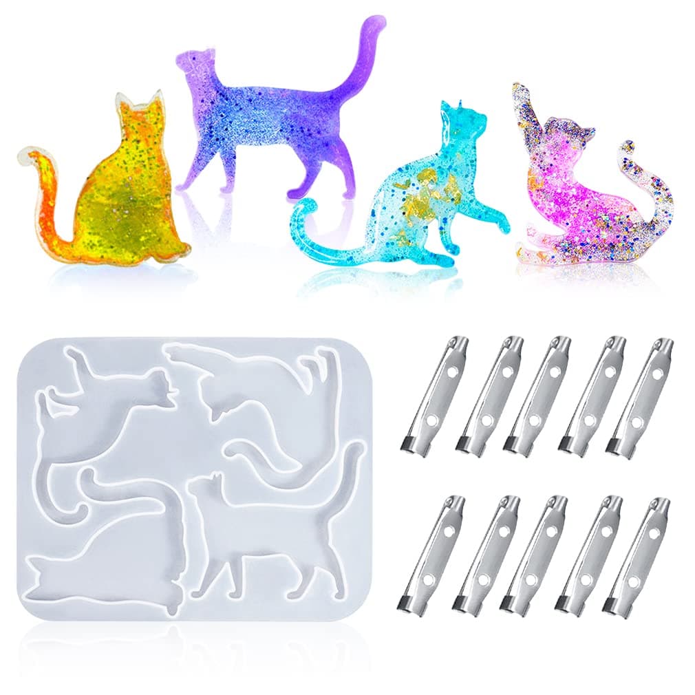 iSuperb Cat Resin Molds Cute Epoxy Molds Animal Silicone Molds with 10pcs Brooch Pin Buckle for DIY Casting Jewelry Pendant Ornaments