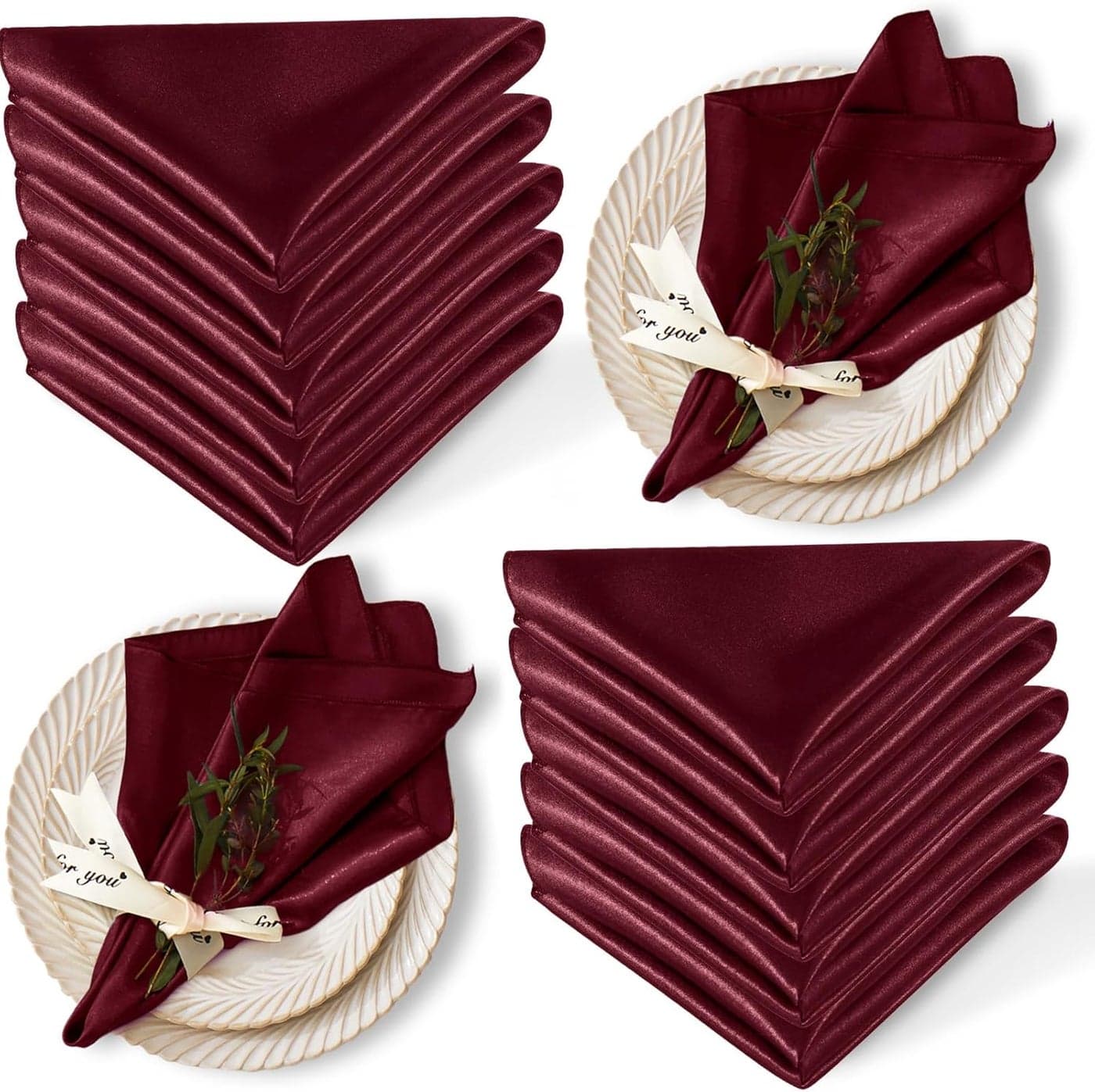 12 Pack Satin Table Cloth Napkins 17x17 Inch Burgundy Silky Wedding Napkins Cloth Washable Luxury Dining Table Cloth Napkins Set for Birthday Holiday Party Dinner Restaurant