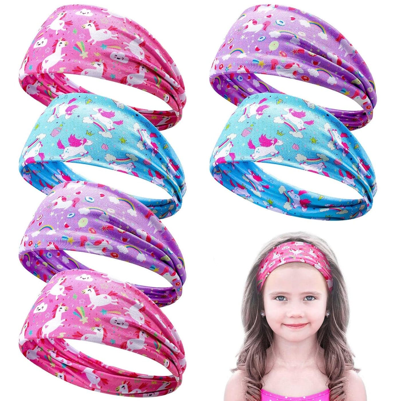 SNOWIE SOFT 6Pcs Unicorn Elastic Sports Hair Band for Girls Kids Fashion Cartoon Sport Sweat Band for Girls MoistureWicking Stretchy Head Sweatband for Kids Girls