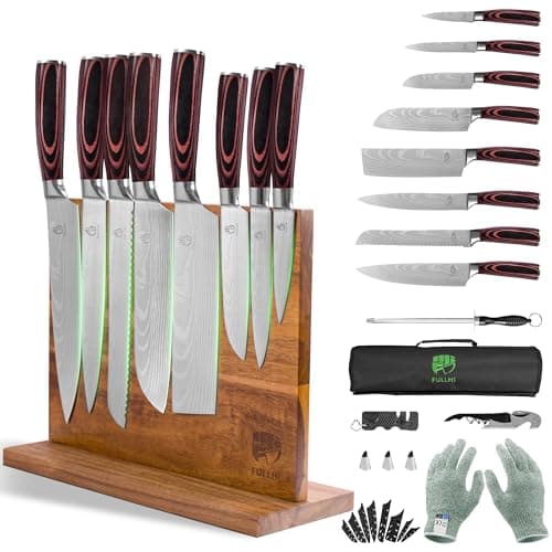 FULLHI 15pcs Japanese Knife Set with Magnetic Knife Block Holder, Premium German Stainless Steel Kitchen Knife Set