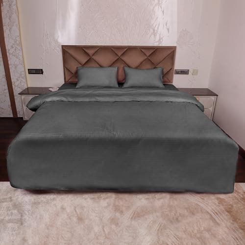 AVI Zippered 100% Cotton 210TC Satin Striped Single Duvet Cover | Quilt Cover Blanket Cover Razai Comforter Cover with 1 Pillow Cover- 61 X 91 Inch, Grey