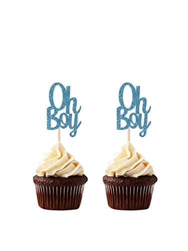 24 CT Blue Glitter Oh Boy Cupcake Toppers Baby Shower Birthday Party Decoration Picks