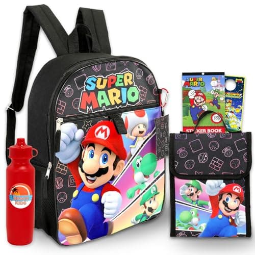 Super Mario Backpack and Lunch Bag Set Bundle with Backpack Lunch Box Stickers Water Bottle More Super Mario Bros School Bag for Boys