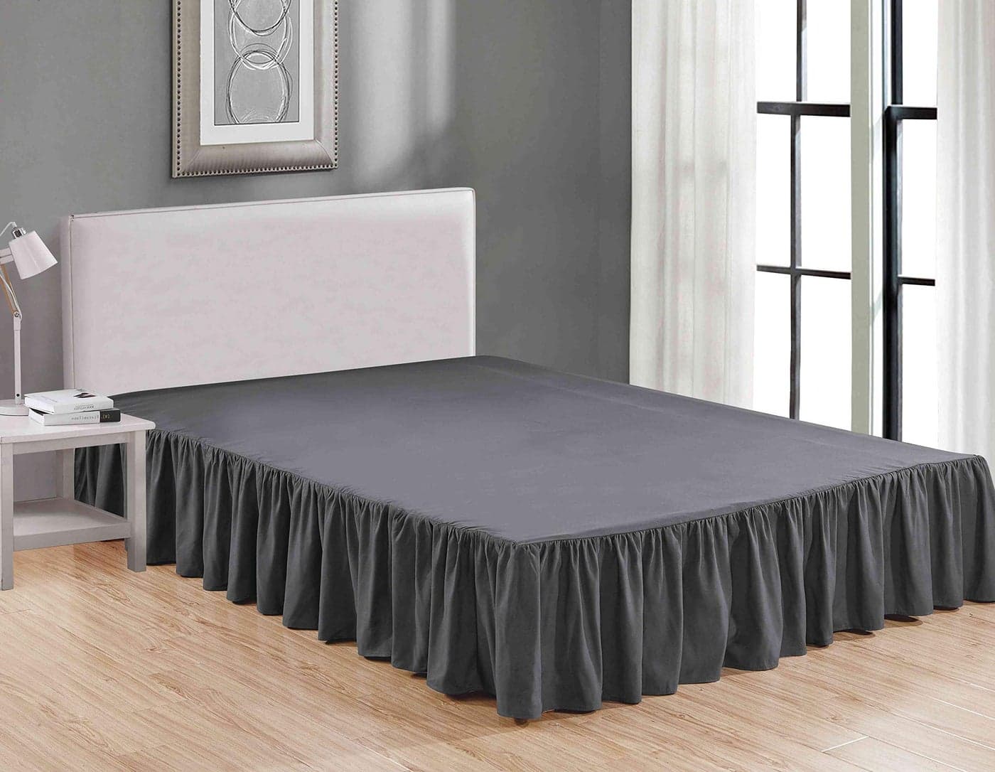 Sheets Beyond Wrap Around Solid Microfiber Luxury Hotel Quality Fabric Bedroom Gathered Ruffled Bedding Bed Skirt 14 Inch Drop Queen Charcoal