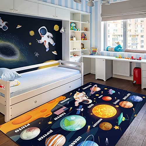 LTKOUGFAM Kids Play Rug for Playroom, Outer Space Rug Solar System Educational Rug Kids Baby Floor Mat, Kid Play Carpet for Children Bedroom Classroom (59X39.4 in, Planet 1)