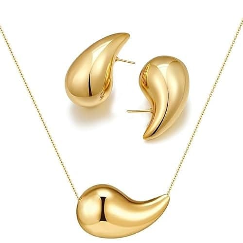 VULETO 2 Pairs Earrings Necklace Dupes Set for Women Teardrop Chunky Gold Hoop Earrings Water Tear Drop Necklace Trendy Jewelry Gifts Set for Women Her