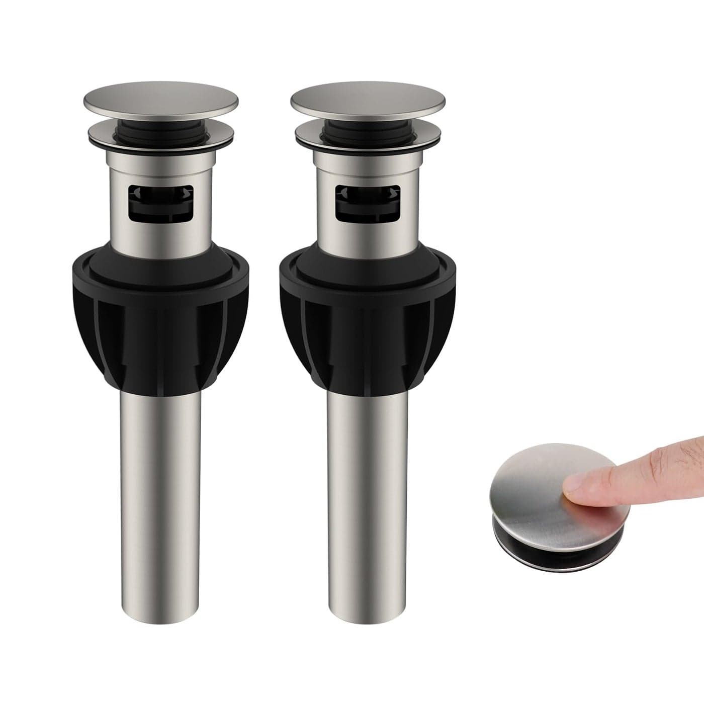 Hibbent 2 Pack Metal Bathroom Sink Drain with Overflow Push and Seal Pop Up Drain Stopper Stainless Steel Vessel Lavatory Vanity Sink Drain Stopper AntiClogging Strainer Brushed Nickel