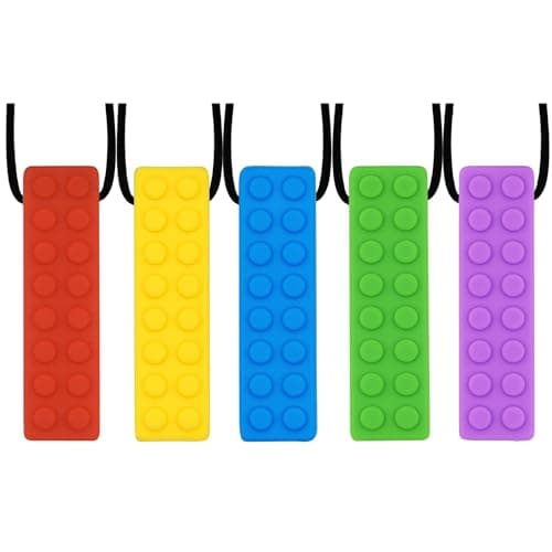 Chew Necklaces for Sensory Kids, 5PCS Building Block Silicone Chewy Necklace for Boys and Girls with Autism Biting Chewing, BPA Free Teether Toys for Baby Toddler and Infant Teething