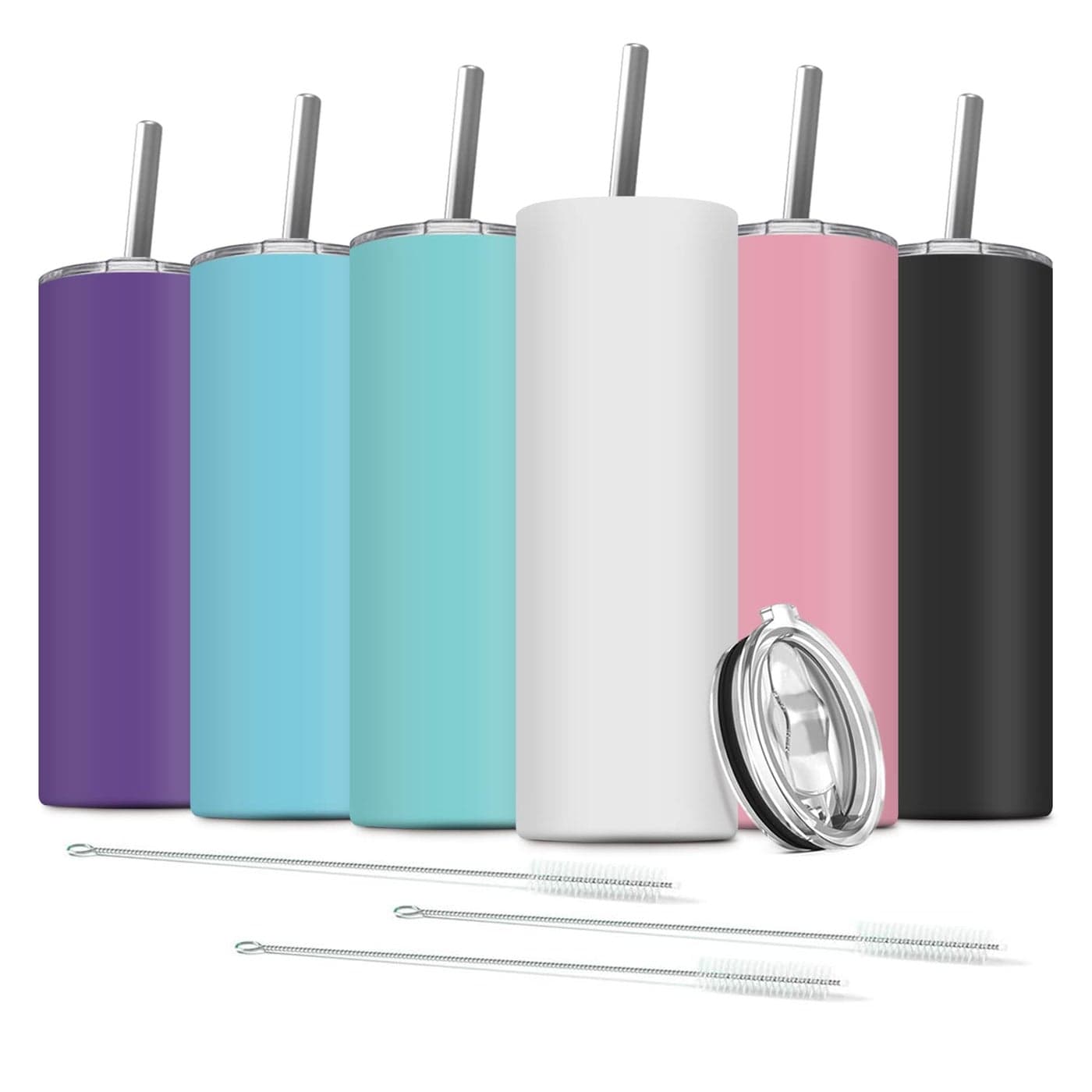 Deitybless 6 Pack Stainless Steel Skinny Tumbler 20 OZ DoubleInsulated Water Tumbler Cup with 6 Straw and 3 Brush Vacuum Travel Mug Gift for Hot Cold Drinks with CleaningAssorted Colors