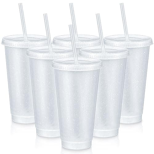 Uiifan 6 Pcs 24 oz Reusable Tumbler with Lids and Straws Plastic Iced Coffee Tumbler Glitter Travel Mug Cup for Smoothie Juices Birthday Party Cold Drink Coffee Cup Bulk for Adult Kid Women Clear