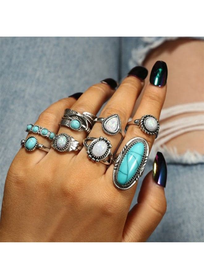 Turquoise Ring Set Western Jewelry, for Women Vintage Western Rings Set Boho Rings Knuckle Stackable Rings, Trendy Stuff Turquoise Jewelry for Women