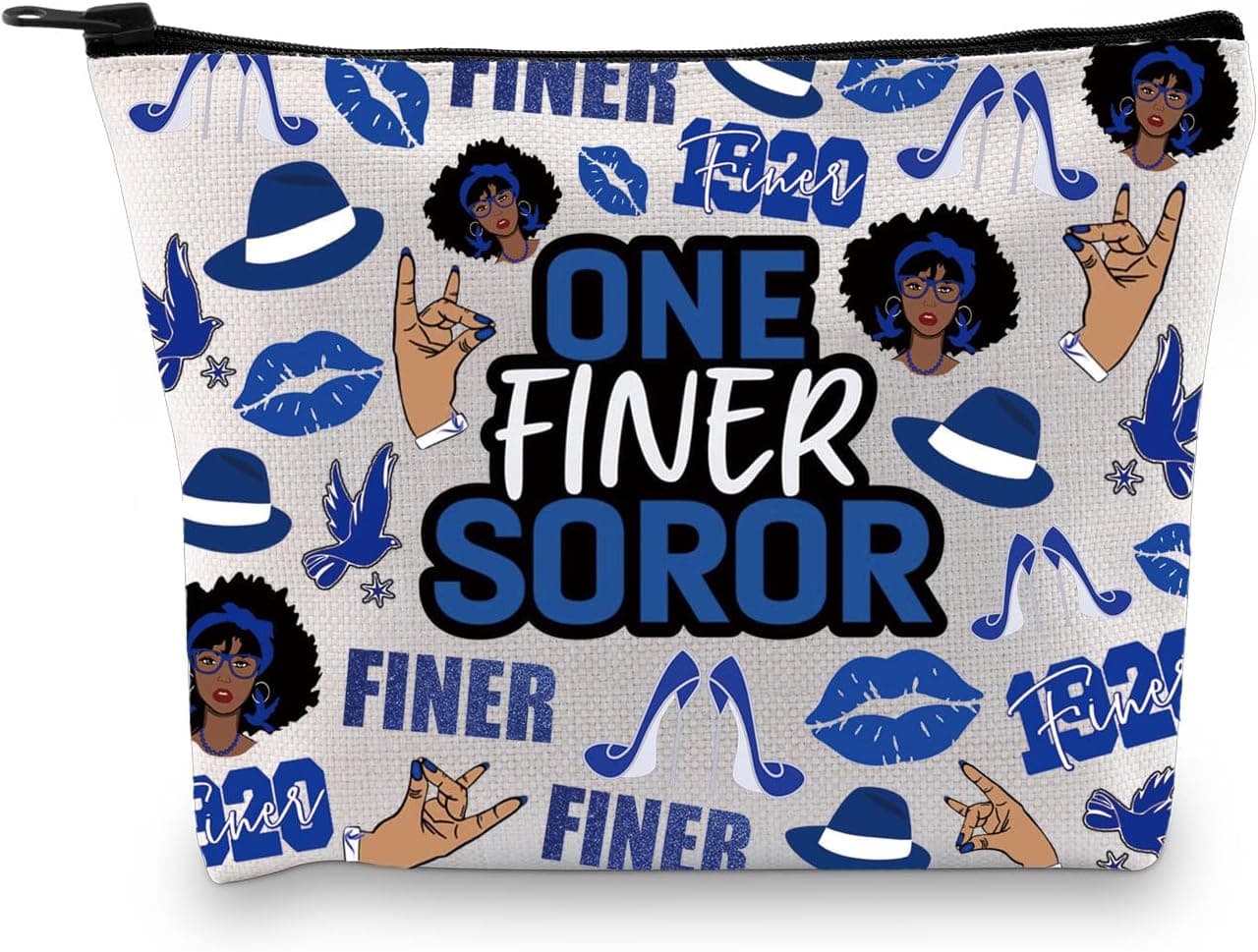 Greek Sorority Paraphernalia Gift Sorority Member Blue And White Zipper Pouch One Finer Soror Makeup Bag Sisterhood Gift for Finer Women (One Finer Bag)