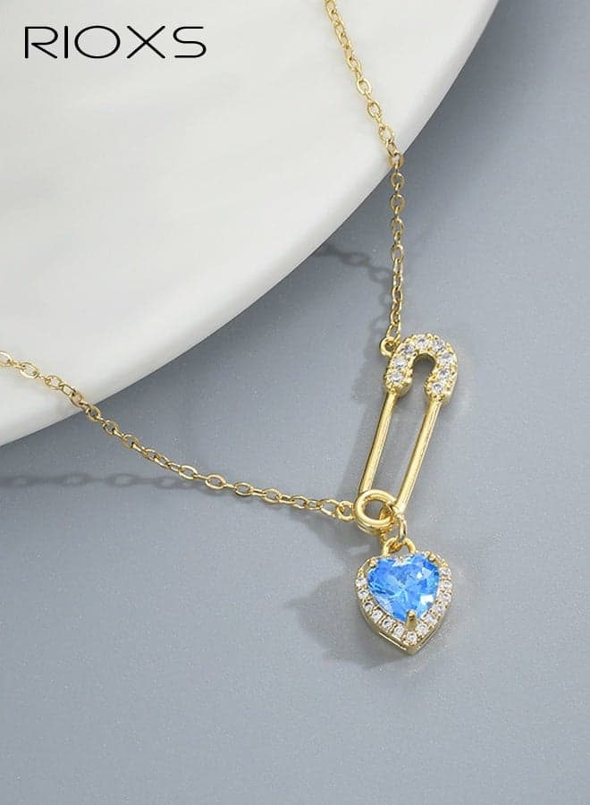 Love Heart Pin Necklace for Women, Cubic Zircon Crystal Heart Necklace, Crystal Paper Clip Chain Necklace, Adjustable Blue Heart Charm Necklace, Party Jewelry Valentine's Day Gift