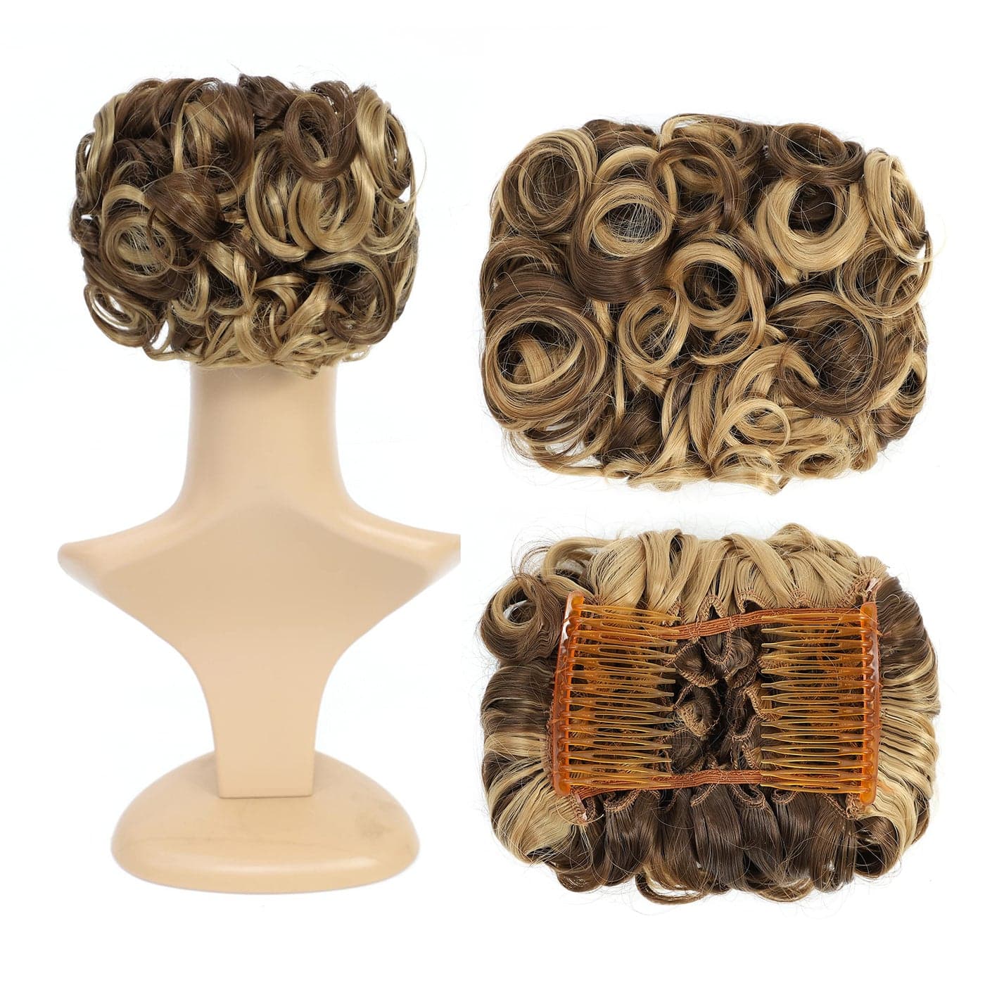 SWACC Short Messy Curly Dish Hair Bun Extension Easy Stretch hair Combs Clip in Ponytail Extension Scrunchie Chignon Tray Ponytail Hairpieces Dark Blond Brown Mixed 9H19