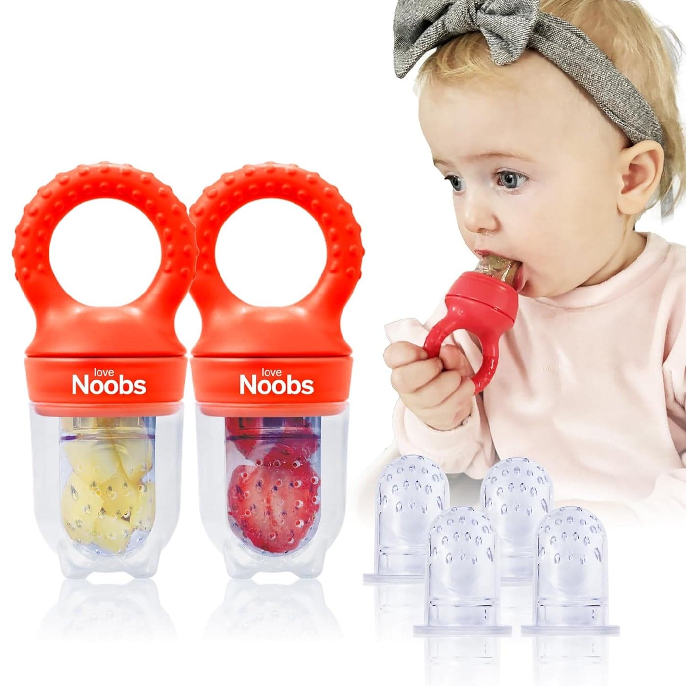 Baby Fruit Feeder by Lovenoobs Frozen Teething Toys for Babies 2 Pack Fruit Pacifier with 6 Teats BPABPS Free Mesh Teether FoodGrade Silicone Baby Feeding Essentials Red