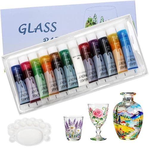 Magicdo Glass Paint Stained Transparent Glass Window Paint Set Great for Glass Painting, Wine Glasses, Light Bulbs, Ceramic, Non-Toxic, Waterproof, Christmas Art Decor(12 Colors x 12ml with Palette)