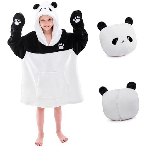 IFNOW Wearable Blanket Hoodie Kids Oversized Fleece Blanket Sweatshirt Christmas Birthday Gifts for Boys Girls Teen Hoodie with Portable Foldable Blanket Pillow Animal Embroidery 515 Years Panda