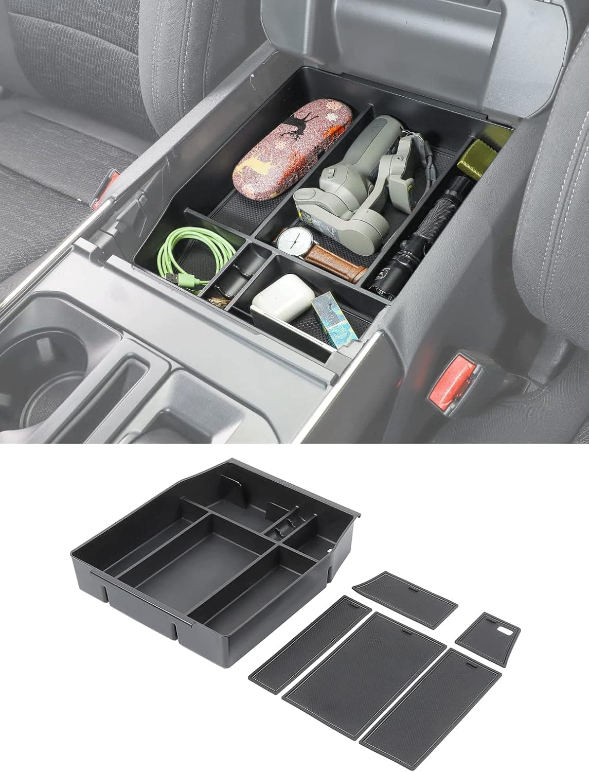 Savadicar Center Console Storage Tray with Rubber Pad for 2021-2022 Ford F150 - Six Grids Layered Organizer