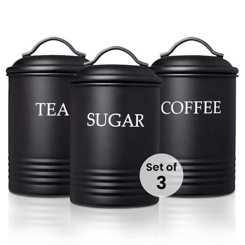 Steelware Central Kitchen Canister Set of 3 Sugar Coffee Tea with lids Food Storage, Black