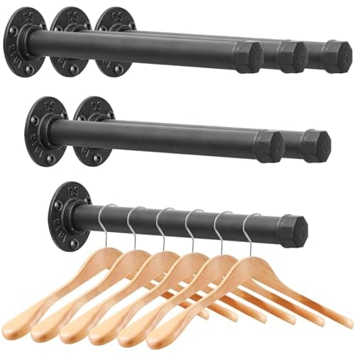Cast Iron Wall Mounted Clothes Rack, Heavy Duty Industrial Pipe Clothing Rack for Hanging Clothes, Garment Racks for Wardrobe Organizers and Storage, DIY Closet Rods Closet Bar (Black 6 Pack, 12 in)