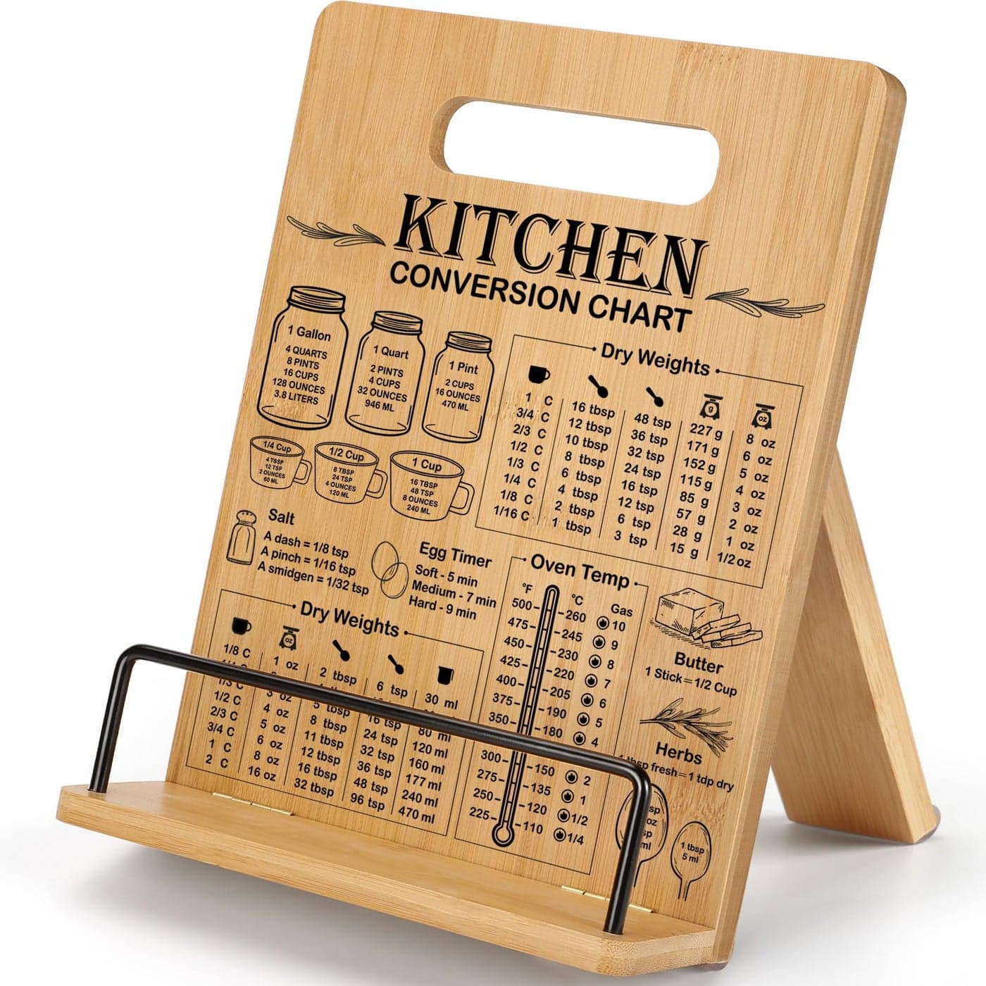 Bamboo Cookbook Stand for Kitchen Counter Recipe Book Holder with Measurement Conversion Chart Adjustable Cookbook Holder Essential Accessories Women Gifts for Christmas Birthday