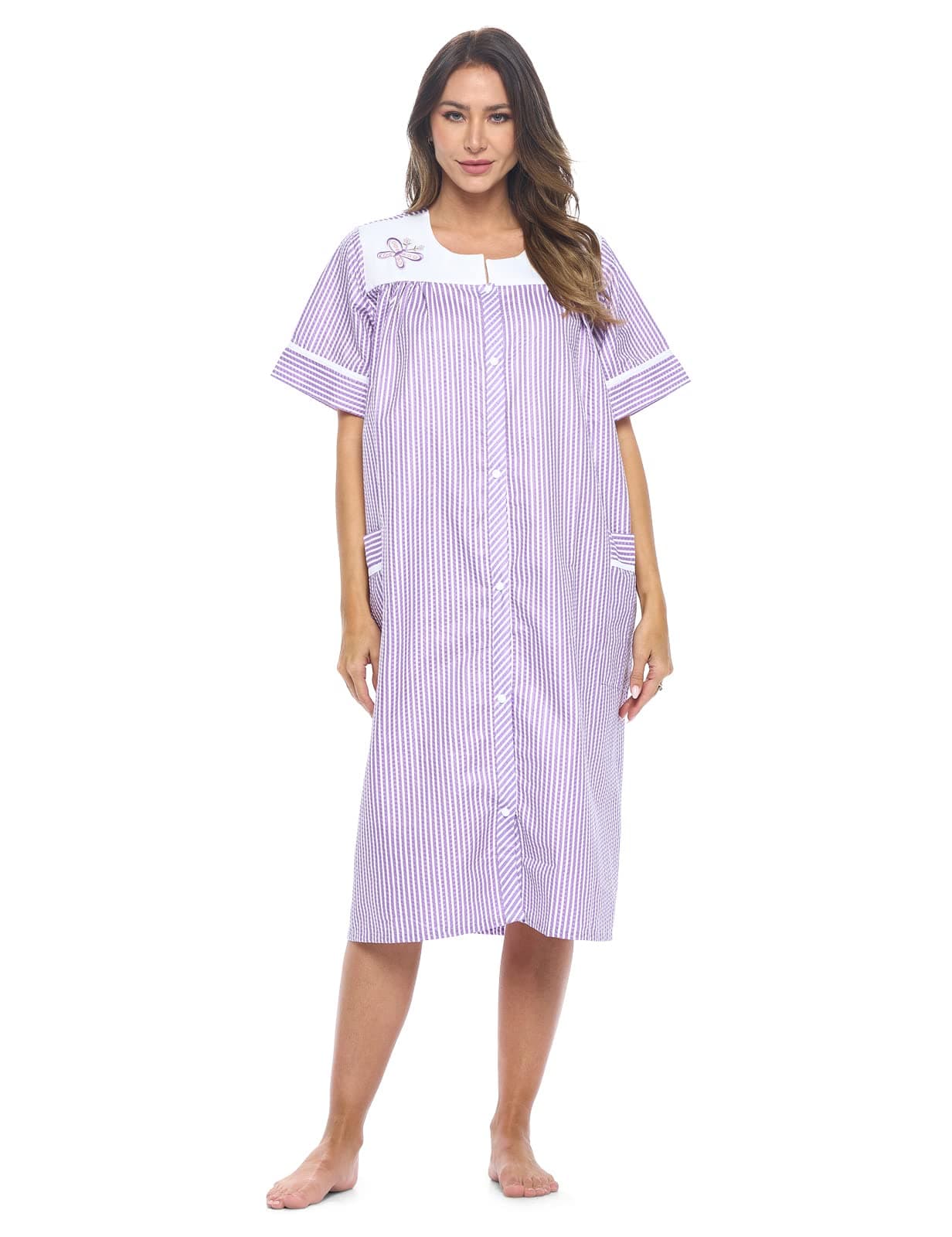 Casual Nights Womens Snap Front House Dress Short Sleeve Woven Housecoat Duster Lounger Robe with Pockets Purple Stripe XLarge