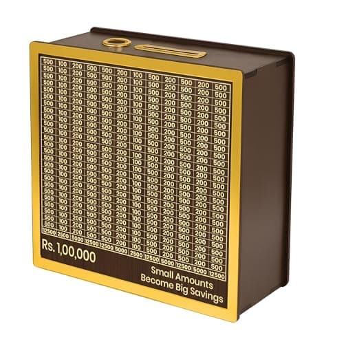DALUCI Money Saving Box for Adults & Kids | 1 Lakh Savings Challenge Wooden Piggy Bank with Denomination Grid | Cash Saving Box, Budget Organizer & Unique Gift Item (Golden Line)