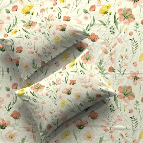 Urban Space Serene 200 TC 100% Cotton Elastic Fitted Bedsheets King Size With 2 Pillow Covers, King Size Bedsheet Floral(Meadows Buttercream, Size 72 X 78 Inches)