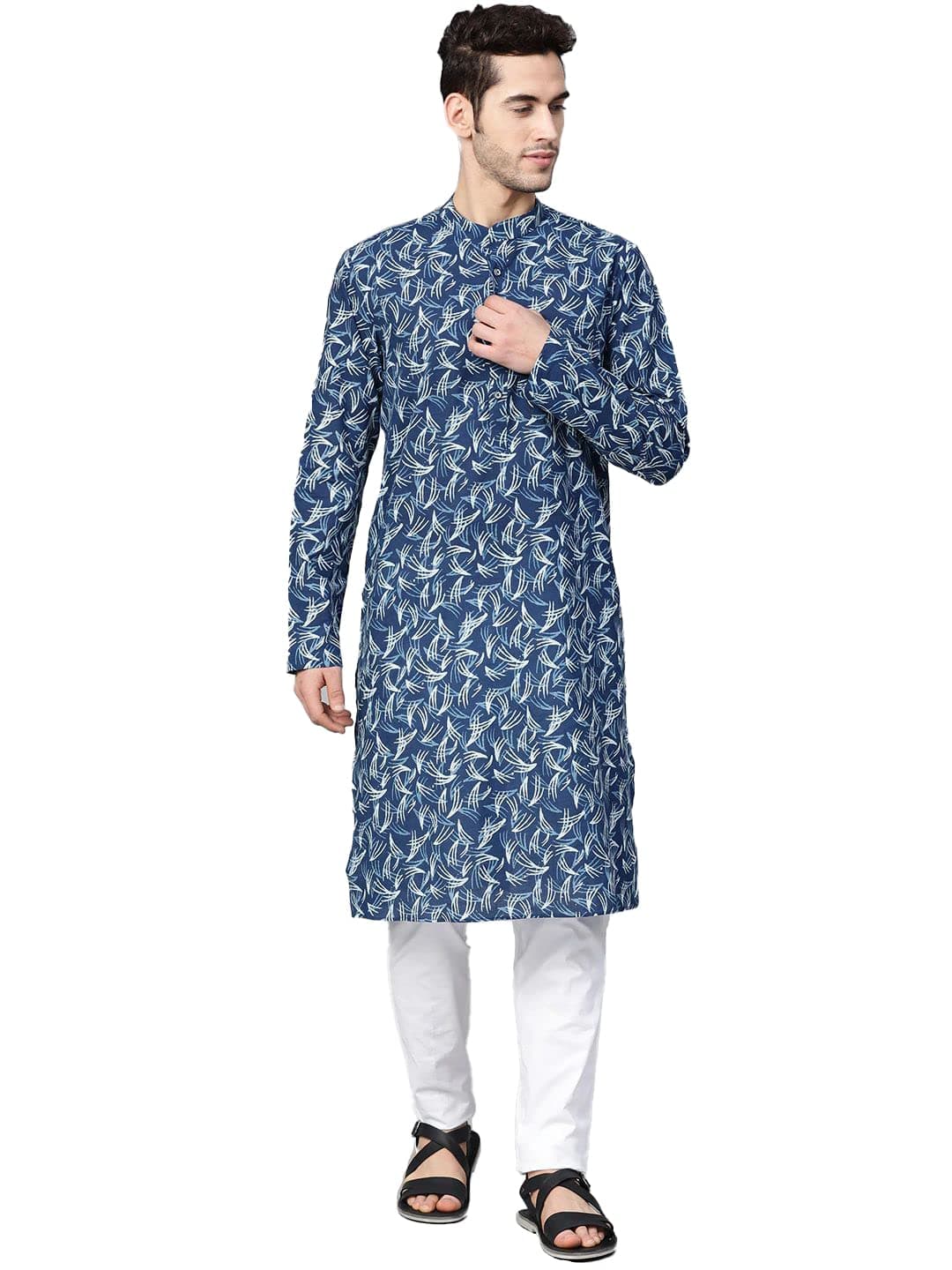 See Designs Blue & White Cotton Regular Fit Printed Kurta Set_SDKT88301S